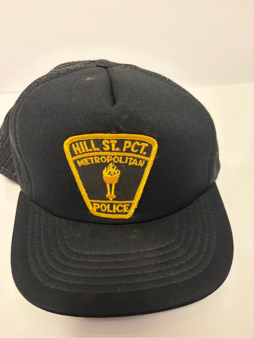 Black Trucker Hat with Yellow Hill St. PCT. Metropolitan Police Patch